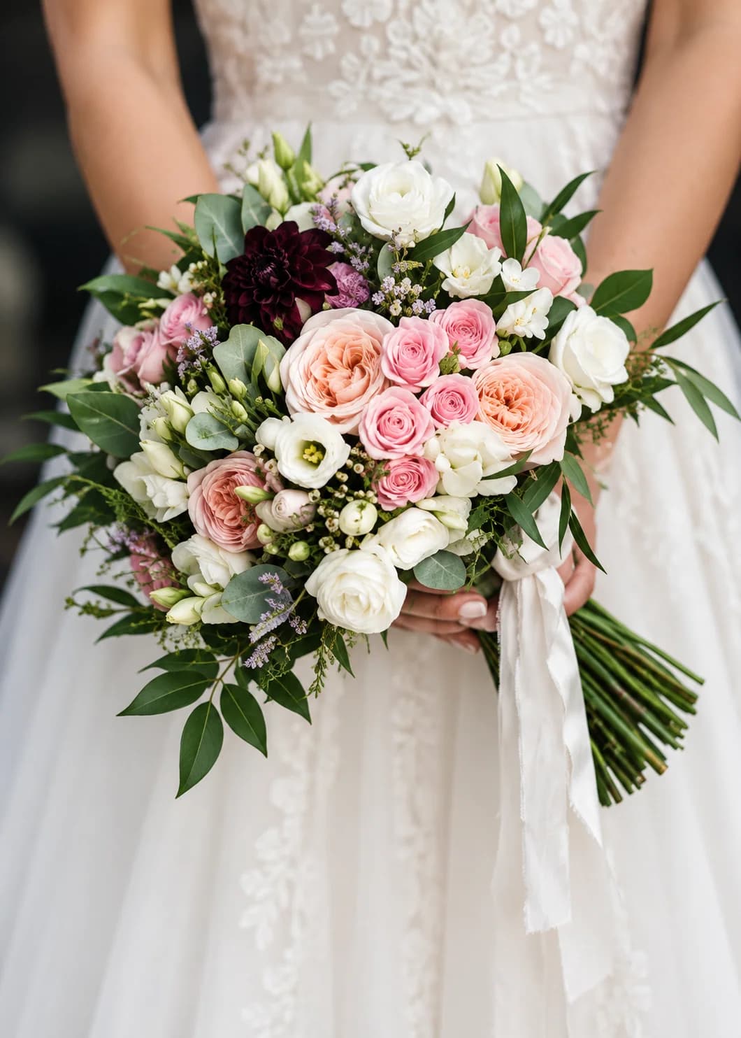 Hand-tied wedding bouquet with soft floral details
