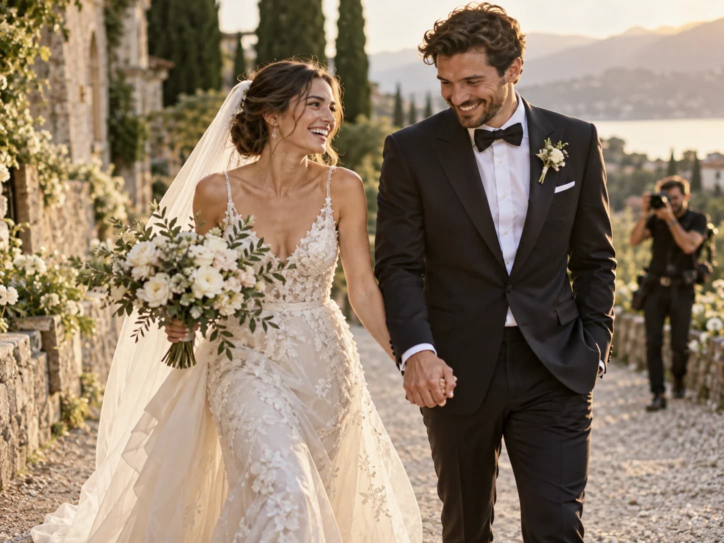 Newly married couple walking outdoors with a photographer in the background
