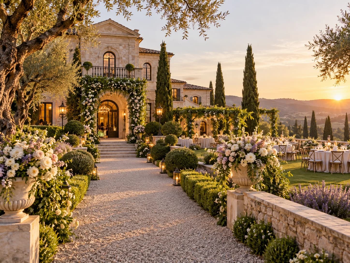 Elegant wedding venue and garden prepared for guests at sunset